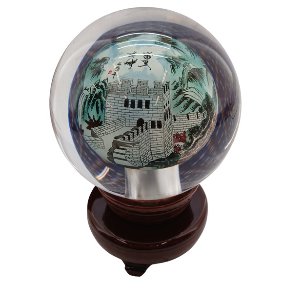 Chinese Handpainted Reverse Glass Art Ball Orb Landscape Scene 4" Sphere W/ Box - Picture 1 of 10